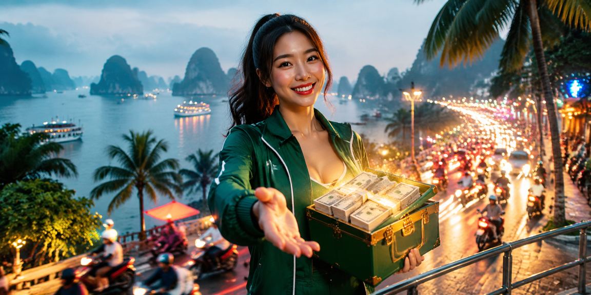 Vịnh Hạ Long phong cách neon minh họa voucher theo mùa và sự kiện giải trí